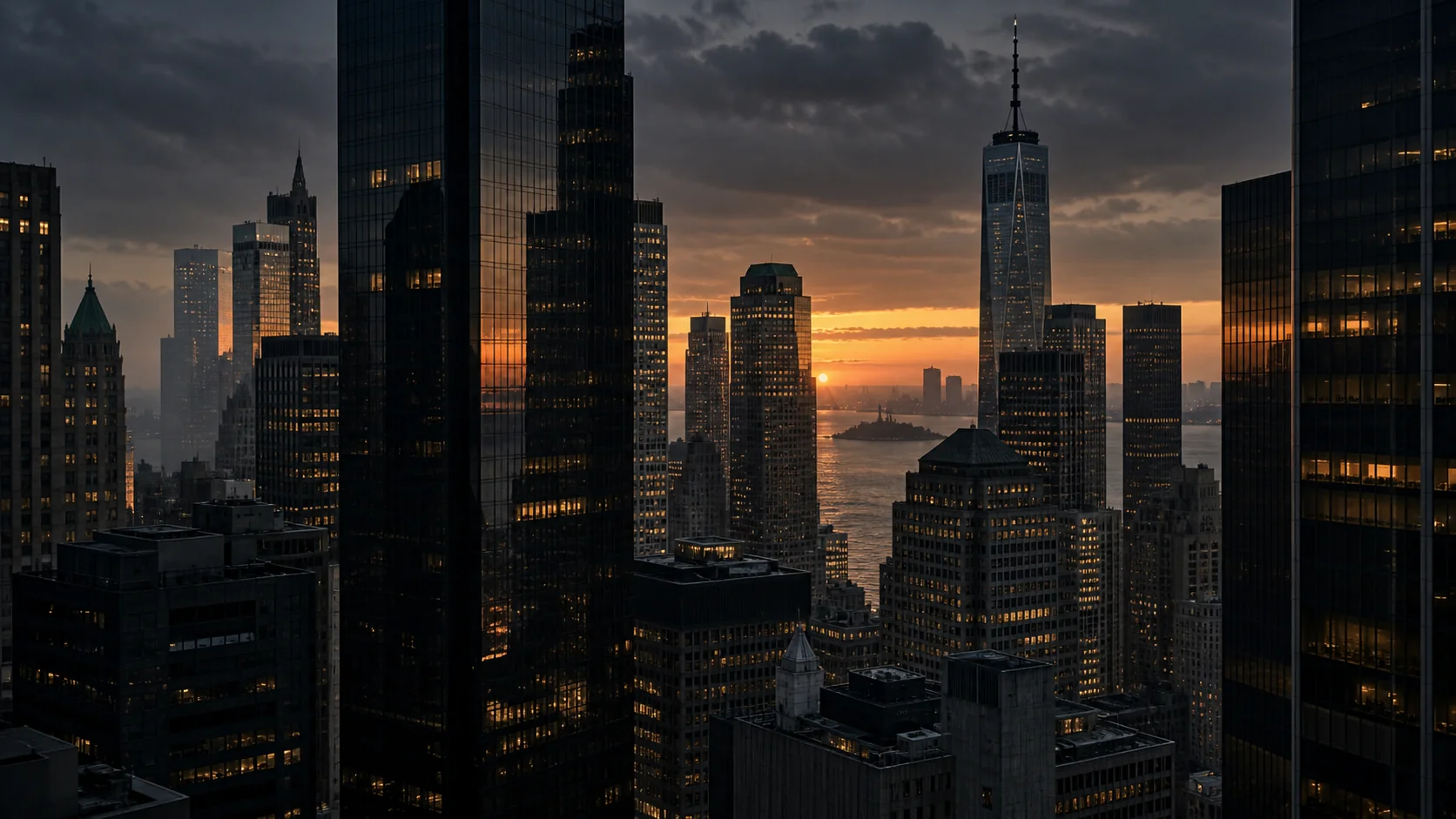 An editorial view of the financial district at dusk